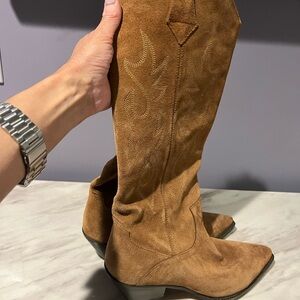 Zara Brown Suede Western-Style Knee Boots